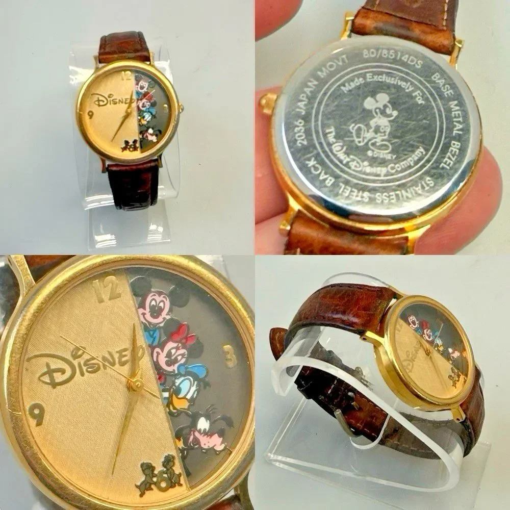 VTG Disney Gold Tone 32mm Watch Mickey Minnie Donald Goofy Chip & Dale Lthr EUC